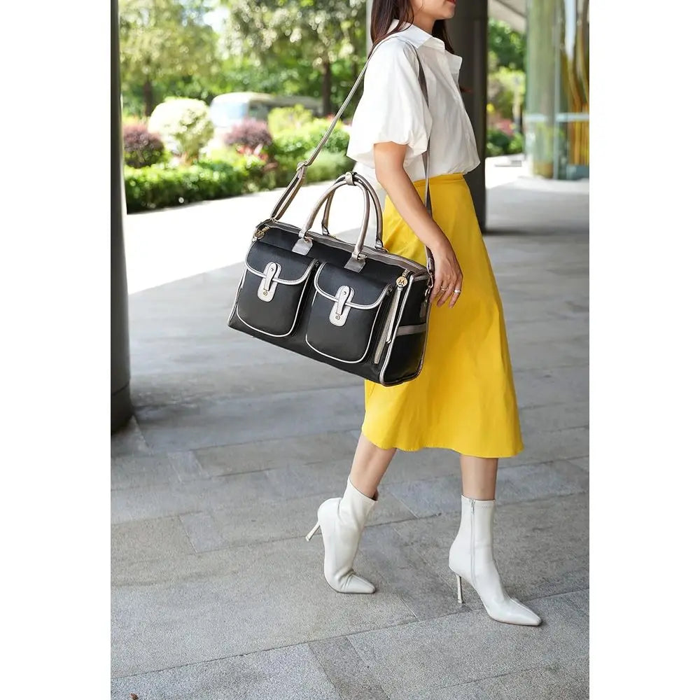 Color Block Dual-Compartment Bag, Vegan Leather Large Stylish Weekender Carry-On for Women-8