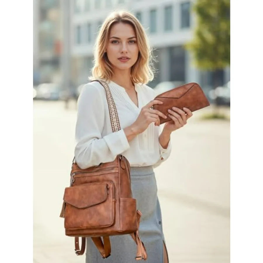 PU Leather Backpack Purse for Women Anti-theft Ladies Shoulder Bag Handbag Suitable for Work, Travel, and Daily Use Brown