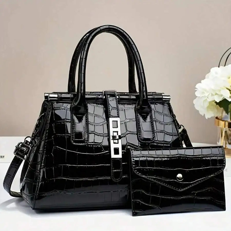 Gradient Purple Pink Crocodile Pattern Women Handbag With Flap Wallet Set-6