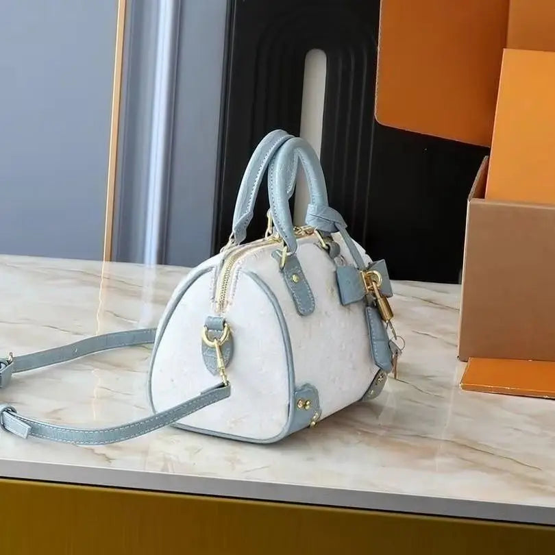 Two-Tone White Light Blue Croc Leather Mini Boston Bag, Bow Decor Gold Lock Key Rivet Detail Detachable Cross Strap Handbag.-1