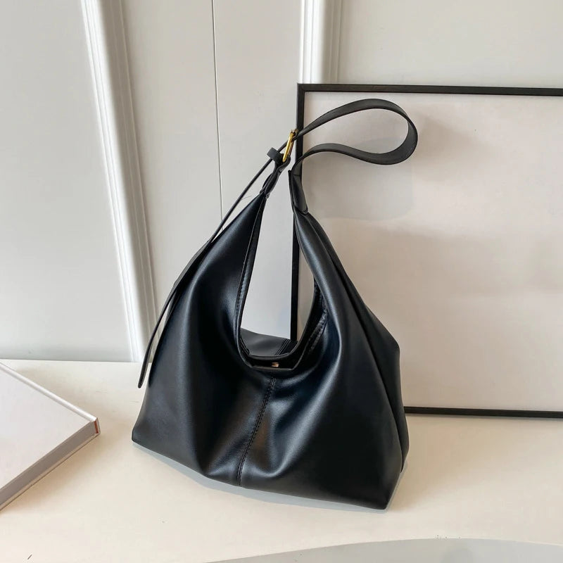 Women Hobo Bag Simple PU Leather Solid Shoulder Bag Fashion Large Capacity Tote Handbag Slouchy Underarm Bag-4