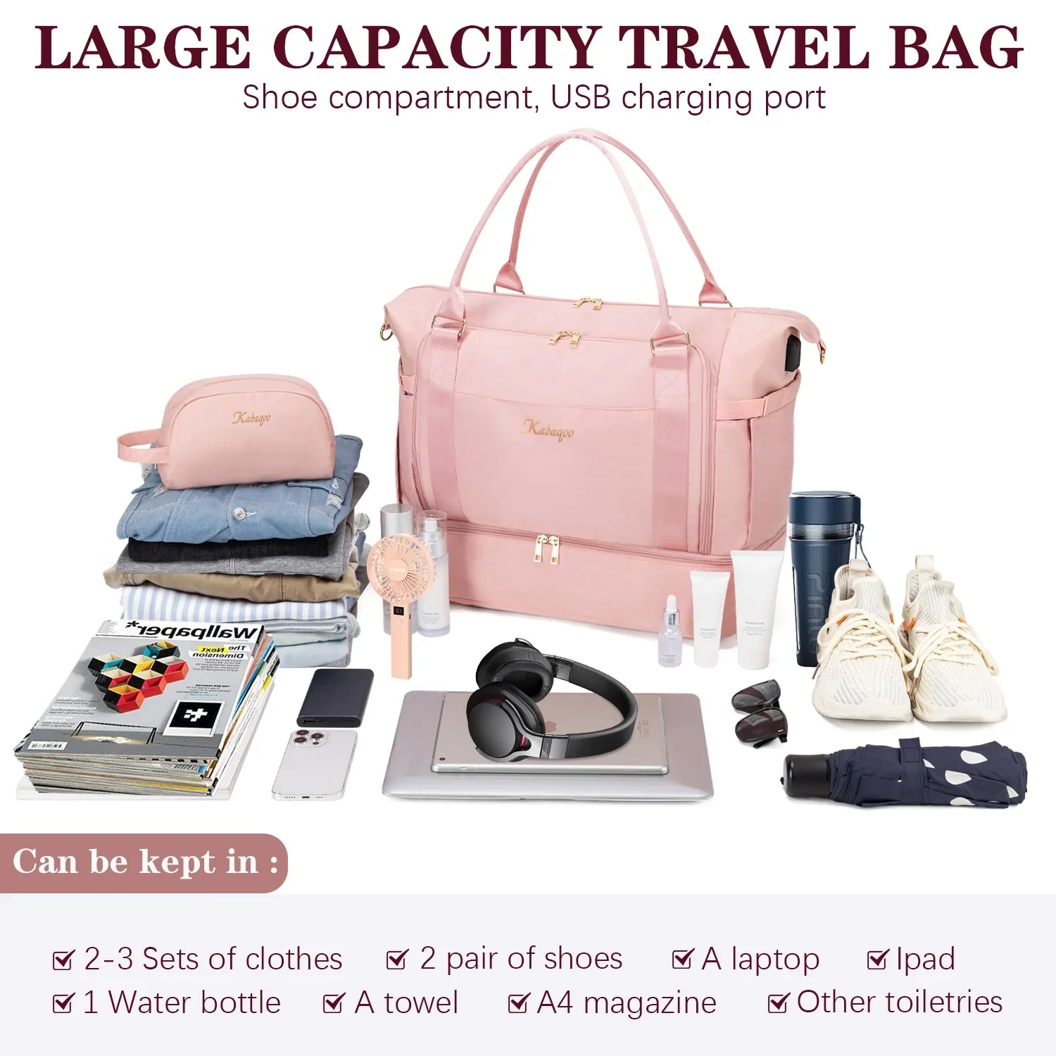 2PC Large Capacity Travel Duffle HandBag Weekender Bag For Women Gym Bag with USB Charging Port Shoe Compartment Carry on Overnight-14