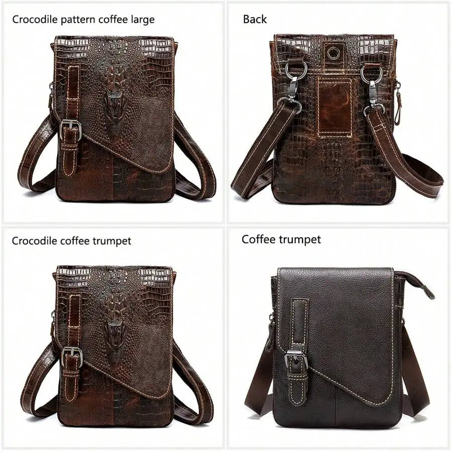 Crocodile Grain First Layer Cowhide Leather Men's Bag Flap Business Men's Shoulder Bag Crossbody Bag-4