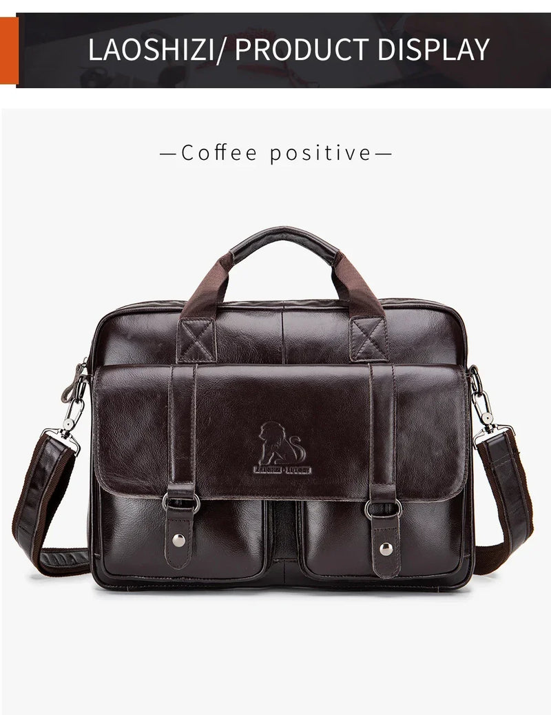 Genuine Leather Men Briefcase Double Front Pockets Large Capacity Laptop Bag Diagonal Cross Shoulder Handbag-14