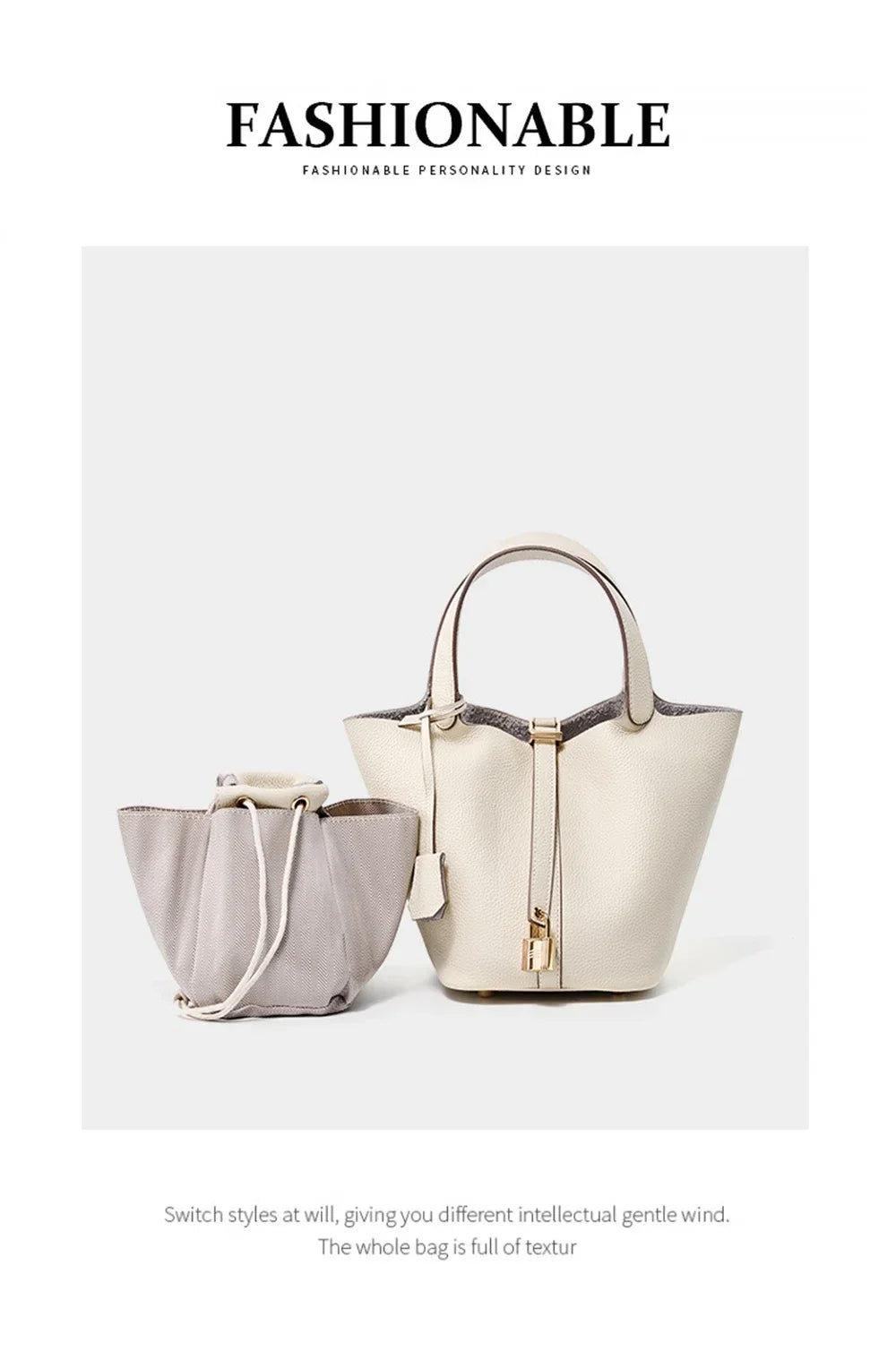 2025 Casual Fashion Female Genuine Leather Bucket Bag Luxury Handbag High-End Tote Bag Woman Cow Leather Mommy Bag & Metal Lock-29