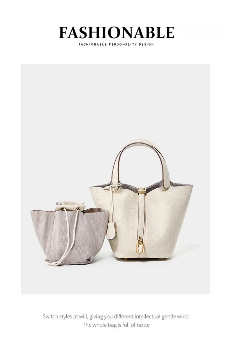 2025 Casual Fashion Female Genuine Leather Bucket Bag Luxury Handbag High-End Tote Bag Woman Cow Leather Mommy Bag & Metal Lock-29
