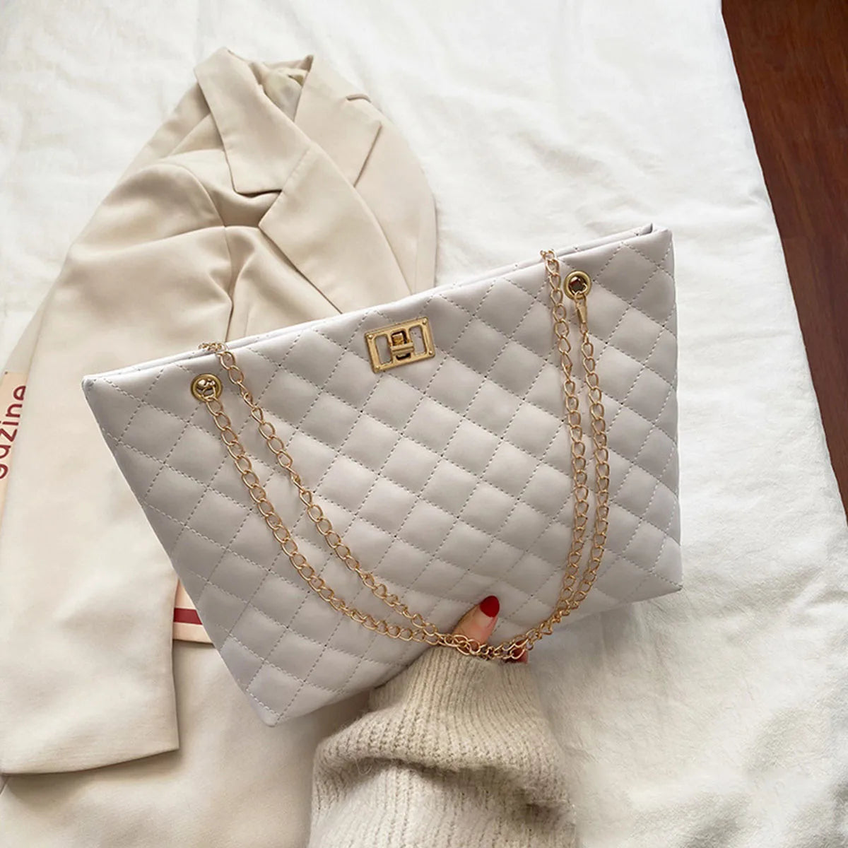 Tote Bags for Women PU Leather Diamond Lattice Handbag Personality Large Capacity Underarm Shoulder Bag Designer Bag-9