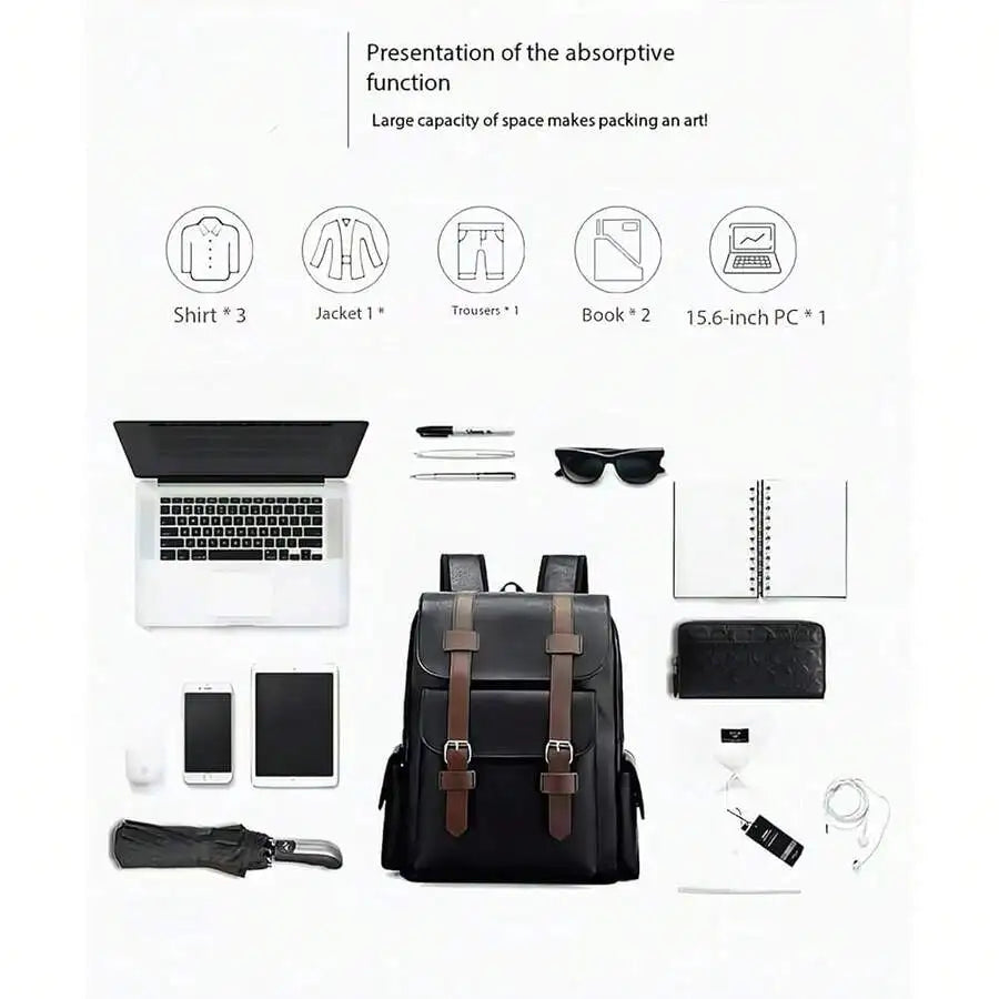 PU Leather Backpack For Men And Women 15.6 Inch Laptop Waterproof Travel Commuter Bag Brown Medium-3