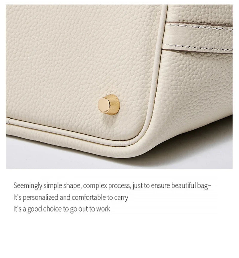 2025 Casual Fashion Female Genuine Leather Bucket Bag Luxury Handbag High-End Tote Bag Woman Cow Leather Mommy Bag & Metal Lock-30