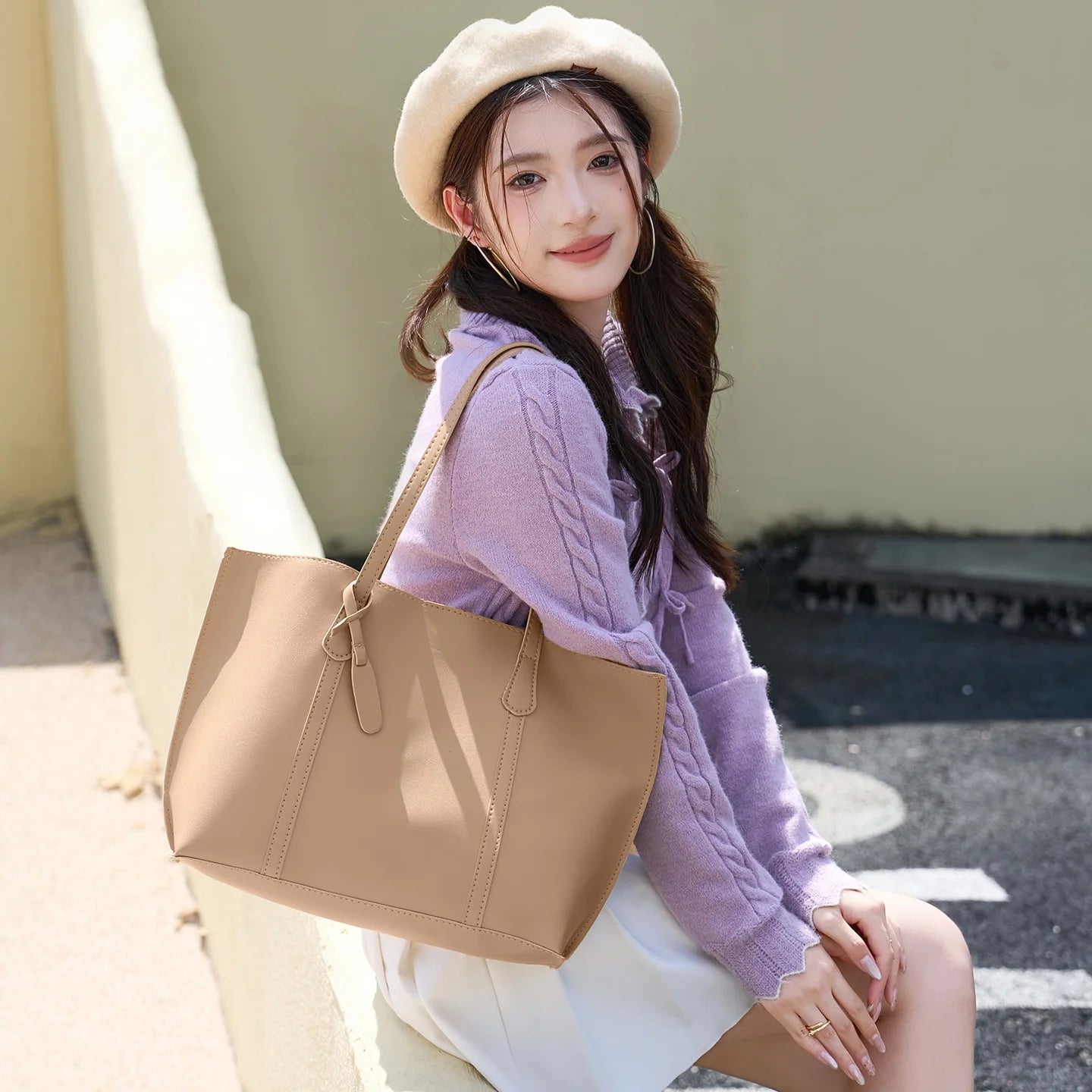 Tote Bag Solid Plain Lightweight Large Capacity PU Leather Shoulder Handbag Portable Travel Daily Women-29