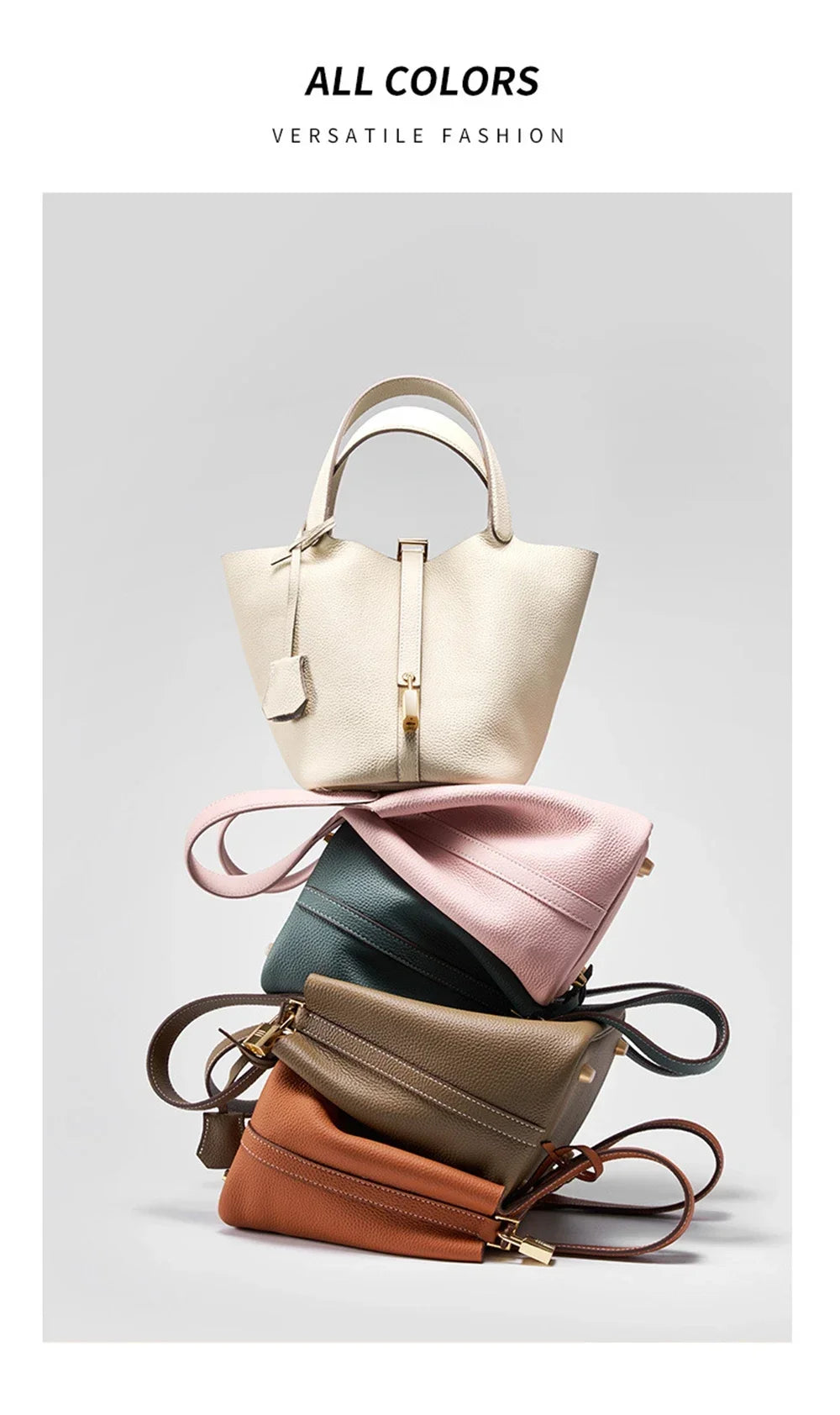 2025 Casual Fashion Female Genuine Leather Bucket Bag Luxury Handbag High-End Tote Bag Woman Cow Leather Mommy Bag & Metal Lock-10
