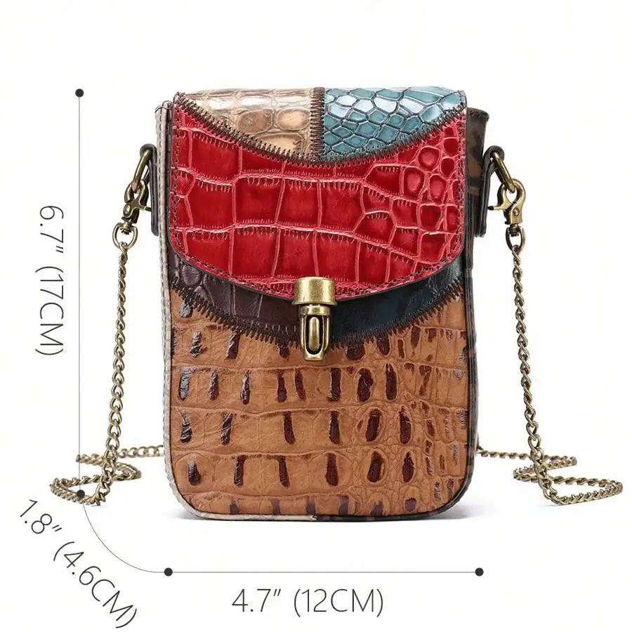 Genuine Leather Bag Female Niche New Ladies Crocodile Pattern Folk Style Shoulder Crossbody Personalized Casual Cowhide Splicing Chain Cell Phone Bag Commuter All Seasons