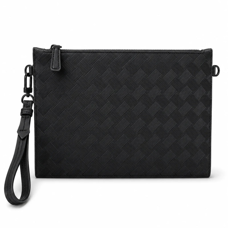 Men's Clutch Bag Luxury Designer Woven Leather Wristlet Handbag Black Business Envelope Purse Large Capacity Zipper Premium Hand Bag For Man Daily & Office Use-1