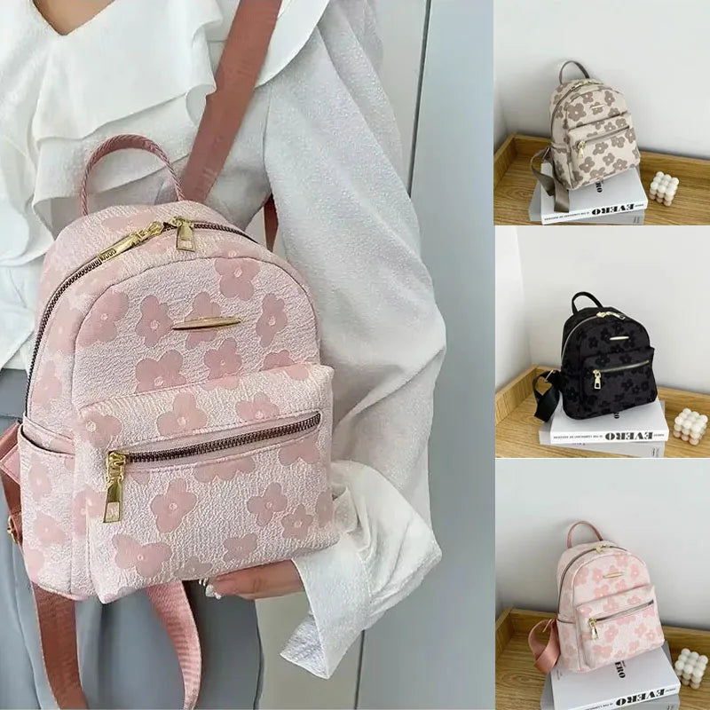 Floral Mini PU Backpack Small Capacity Multi Function PU Leather Double Shoulder School Travel Young Ladies Soft Sweet Bag-1
