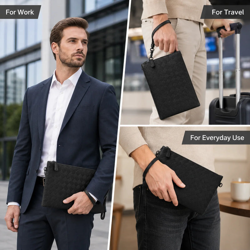 Men's Clutch Bag Luxury Designer Woven Leather Wristlet Handbag Black Business Envelope Purse Large Capacity Zipper Premium Hand Bag For Man Daily & Office Use-6