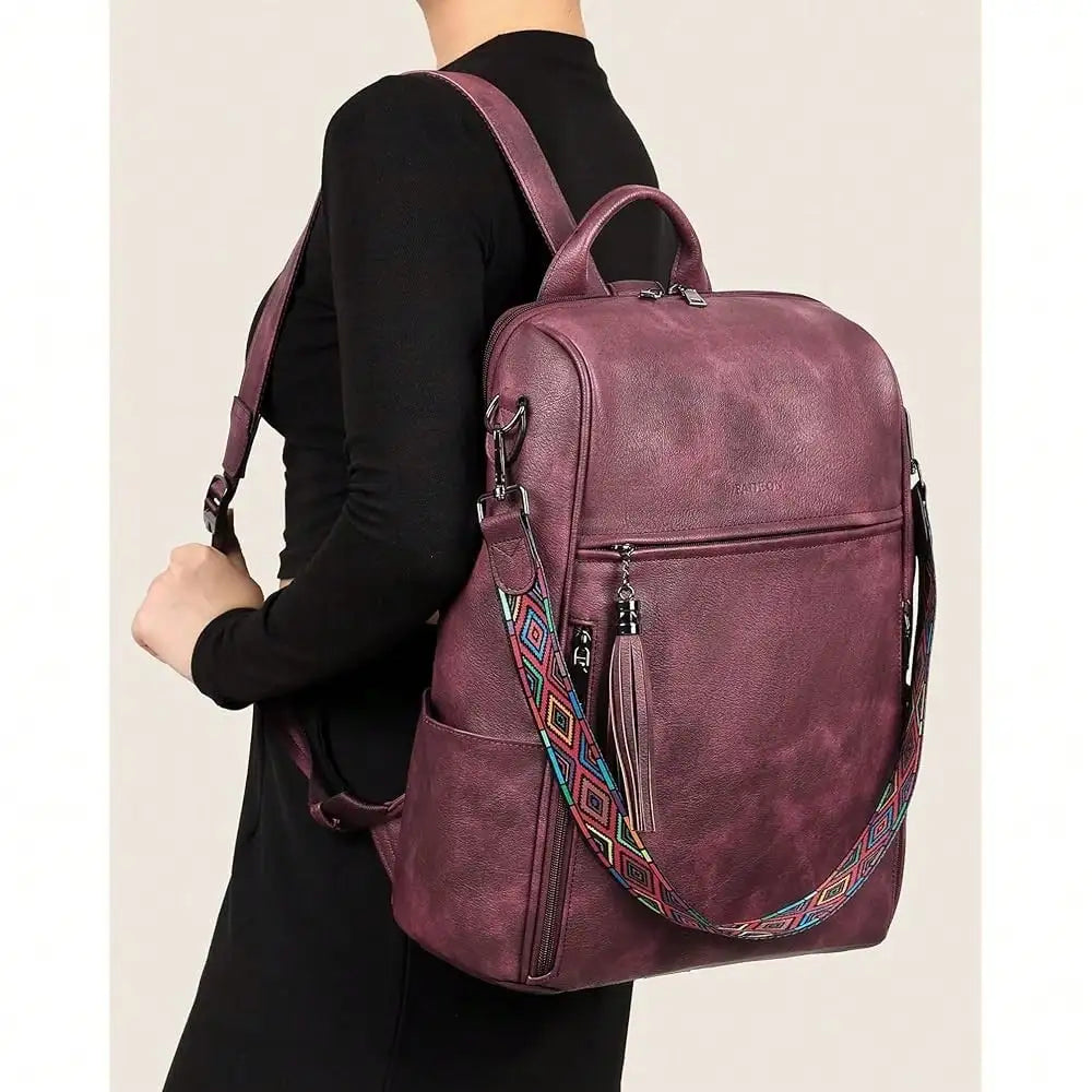 Leather Laptop Backpack For Women Designer 15.6 Inch PU Laptop Bag, Ladies Travel Computer Work Backpack Brown-7
