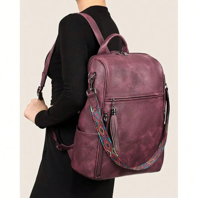 Leather Laptop Backpack For Women Designer 15.6 Inch PU Laptop Bag, Ladies Travel Computer Work Backpack Brown-2