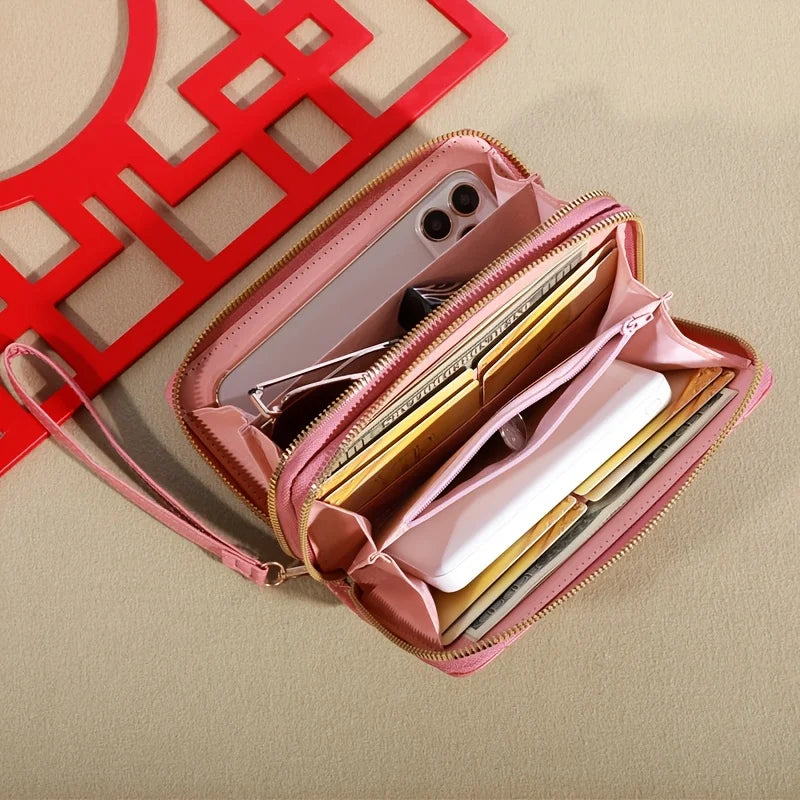 Classic Ladies Double Zip Long Wallet, Casual Style, Faux Leather, Card Holder and Change Bag, Nylon Lined, Zip Pocket-4