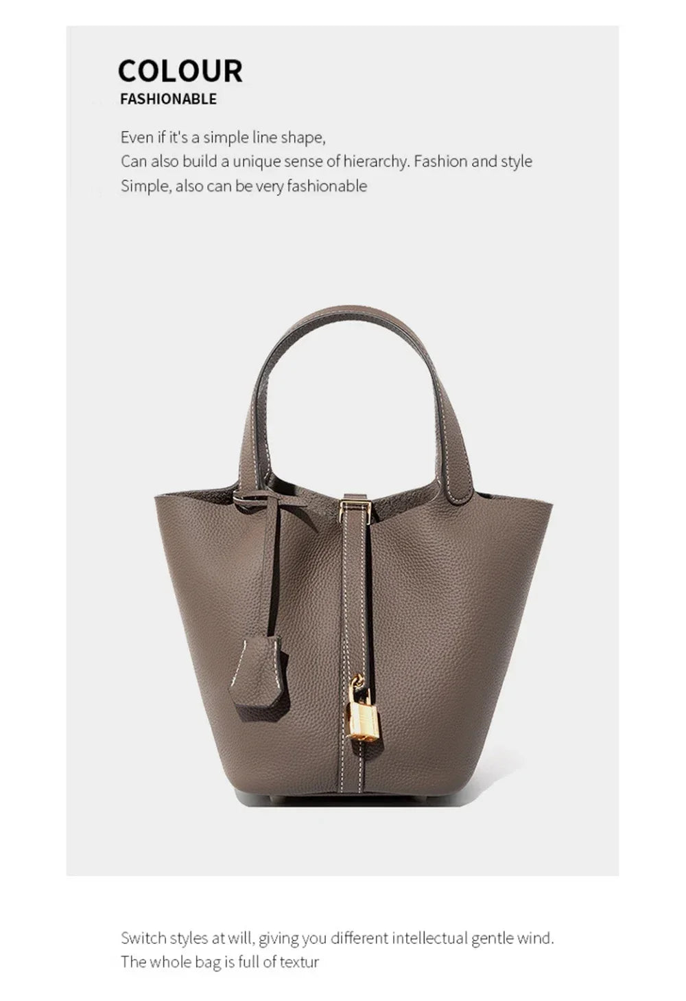 2025 Casual Fashion Female Genuine Leather Bucket Bag Luxury Handbag High-End Tote Bag Woman Cow Leather Mommy Bag & Metal Lock-33