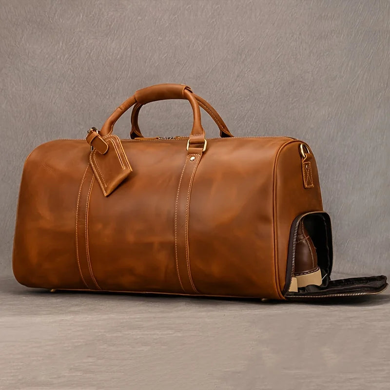 Crazy Horse Leather Real Leather Travel Bag Christmas Vacation Luggage Handbag Tote Bag Cowhide Real Leather with Shoe Compartment Travel Bag-1
