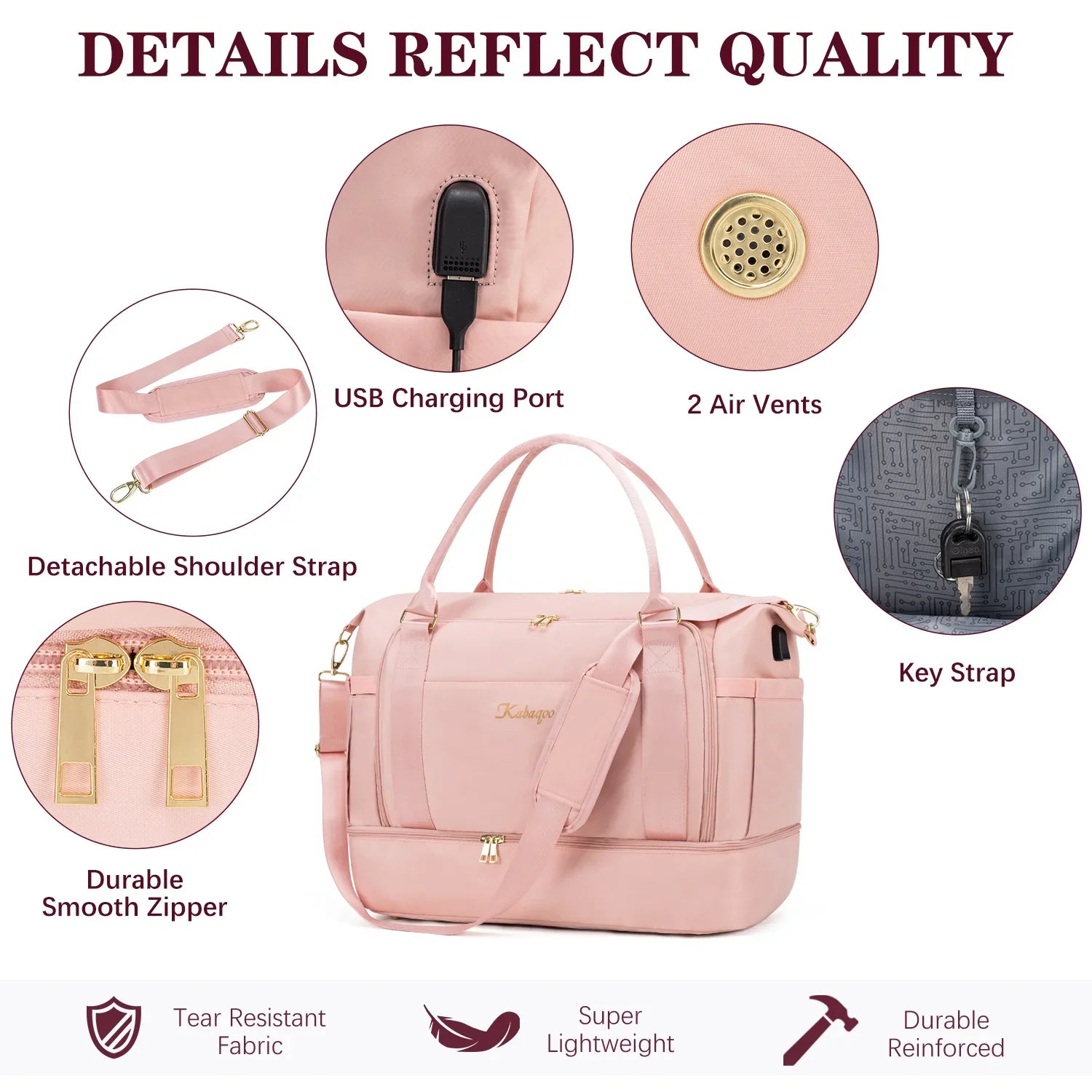 2PC Large Capacity Travel Duffle HandBag Weekender Bag For Women Gym Bag with USB Charging Port Shoe Compartment Carry on Overnight-5