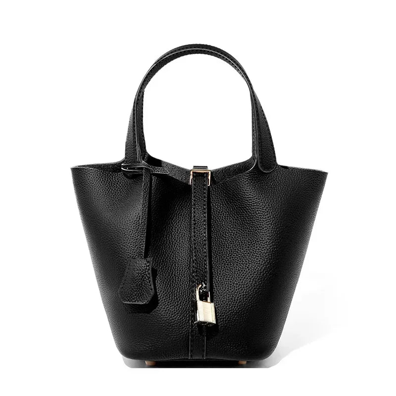2025 Casual Fashion Female Genuine Leather Bucket Bag Luxury Handbag High-End Tote Bag Woman Cow Leather Mommy Bag & Metal Lock-39