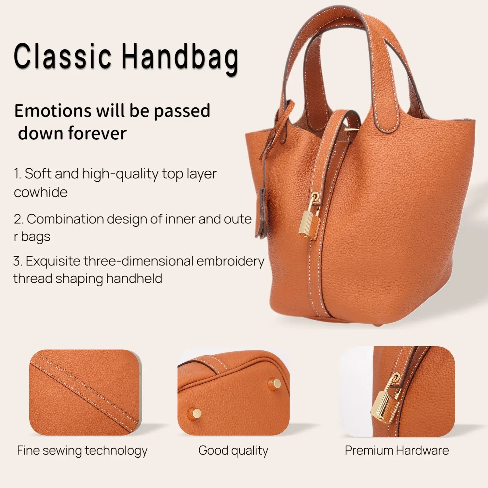 2025 Casual Fashion Female Genuine Leather Bucket Bag Luxury Handbag High-End Tote Bag Woman Cow Leather Mommy Bag & Metal Lock-6