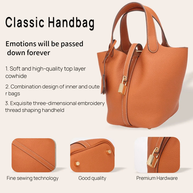 2025 Casual Fashion Female Genuine Leather Bucket Bag Luxury Handbag High-End Tote Bag Woman Cow Leather Mommy Bag & Metal Lock-6