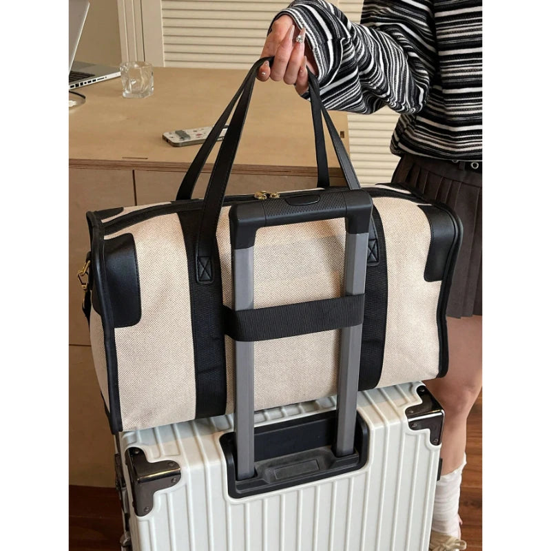 Large Duffel Bag Travel Contrast Color Boston Shoulder Bag Black Brown Beige for Luggage Suitcase-11