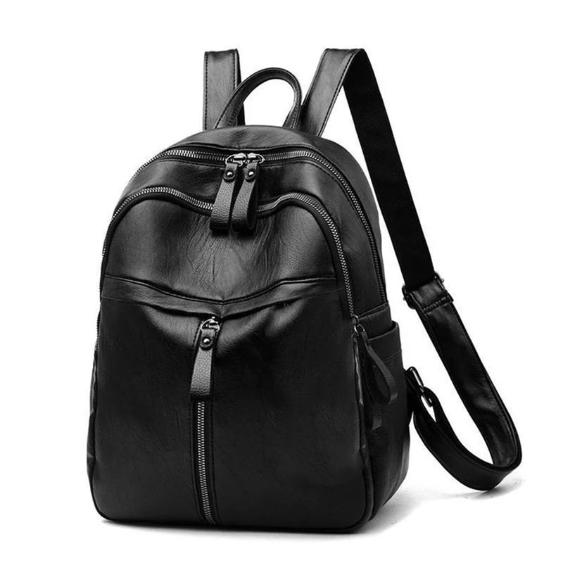 Popular Women Large Capacity Travel Knapsacks Solid Color PU Leather Shoulder Backpacks  Zipper Rucksack-4