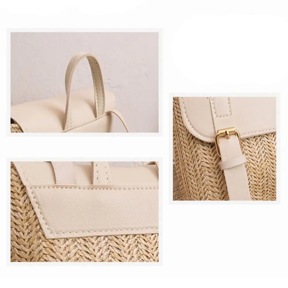 Fashion PU Leather Straw Backpack Retro Design Elegant Look Woven Backpack Luxury Vintage Style Satchel Bag All-match Style-11