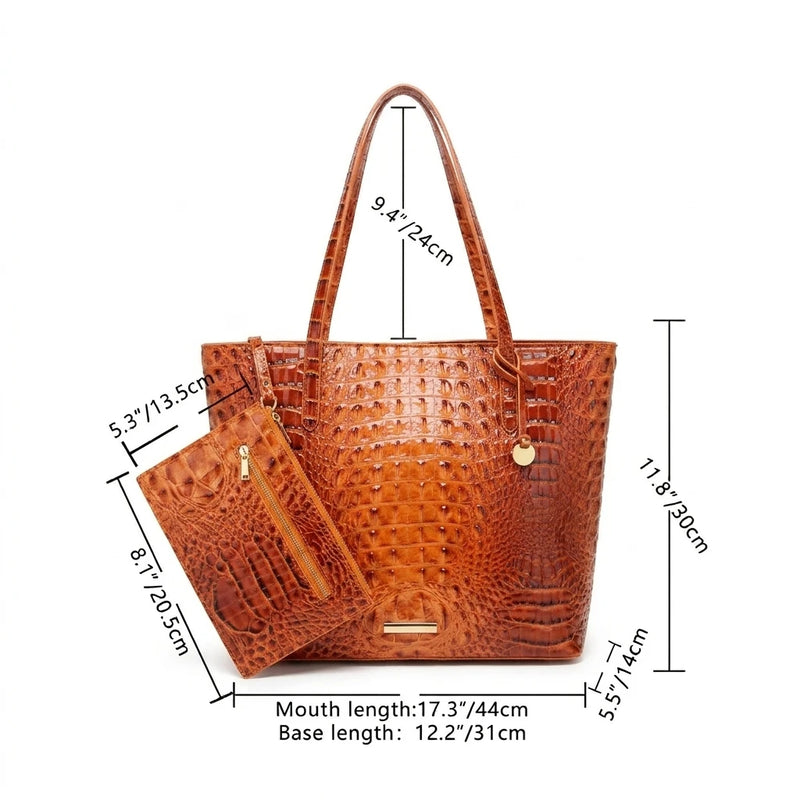 Glossy Croc Embossed Tote Bag with Detachable Wristlet Set, Large Capacity Shoulder Tote for Work Travel Beach Outdoor Activitie-5