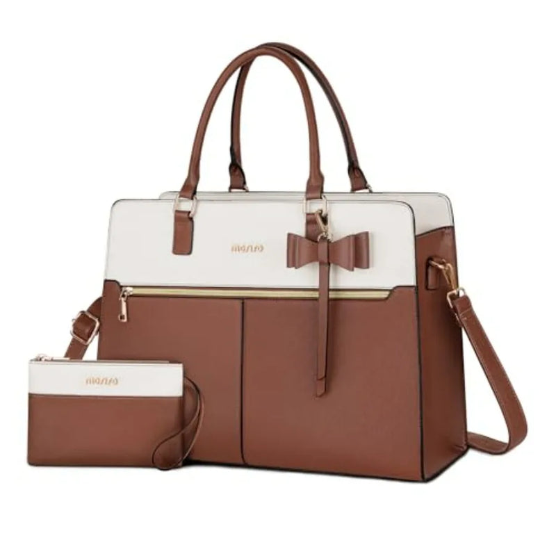 Laptop Tote Bag for Women, 15.6 inch Waterproof PU Leather Work Bag with Clutch Purse and Bowknot, Large Capacity Handbag Shoul-15