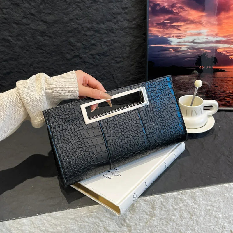Women Crocodile Leather Medium Clutch Purse Gold Handle Zip Metal Handle Clutch Tote Purse Handbag Trendy Purse for A Chic Look-8