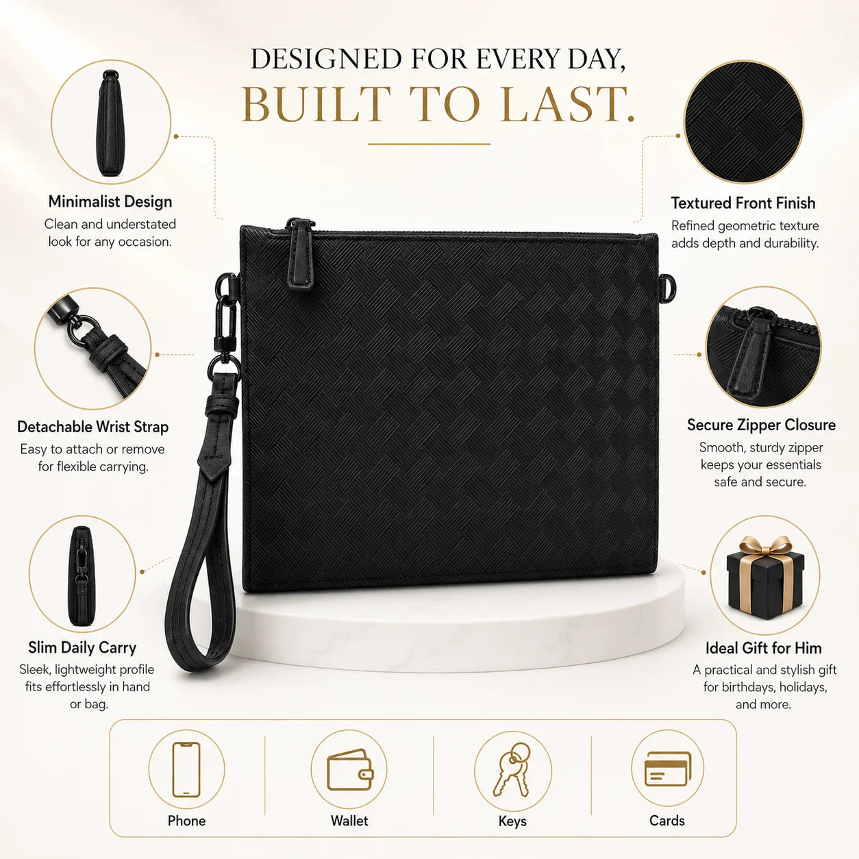 Men's Clutch Bag Luxury Designer Woven Leather Wristlet Handbag Black Business Envelope Purse Large Capacity Zipper Premium Hand Bag For Man Daily & Office Use-5