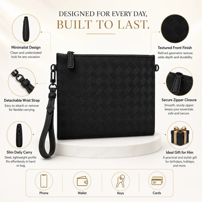 Men's Clutch Bag Luxury Designer Woven Leather Wristlet Handbag Black Business Envelope Purse Large Capacity Zipper Premium Hand Bag For Man Daily & Office Use-15