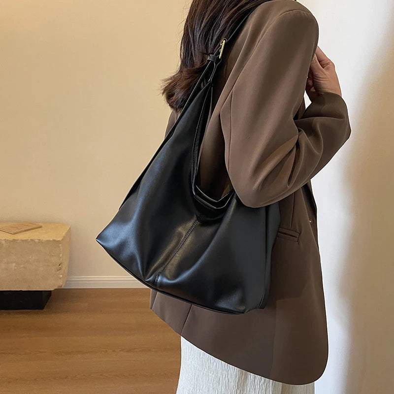 Women Hobo Bag Simple PU Leather Solid Shoulder Bag Fashion Large Capacity Tote Handbag Slouchy Underarm Bag-18