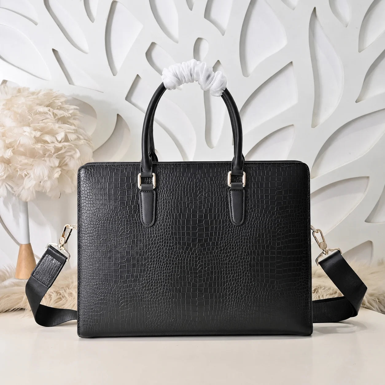 Luxury Mens Top-Handle Bags Leather Briefcase Crocodile Print Men Handbag Gold Hardware Business Office Shoulder Crossbody Bag Male Work Bag-1