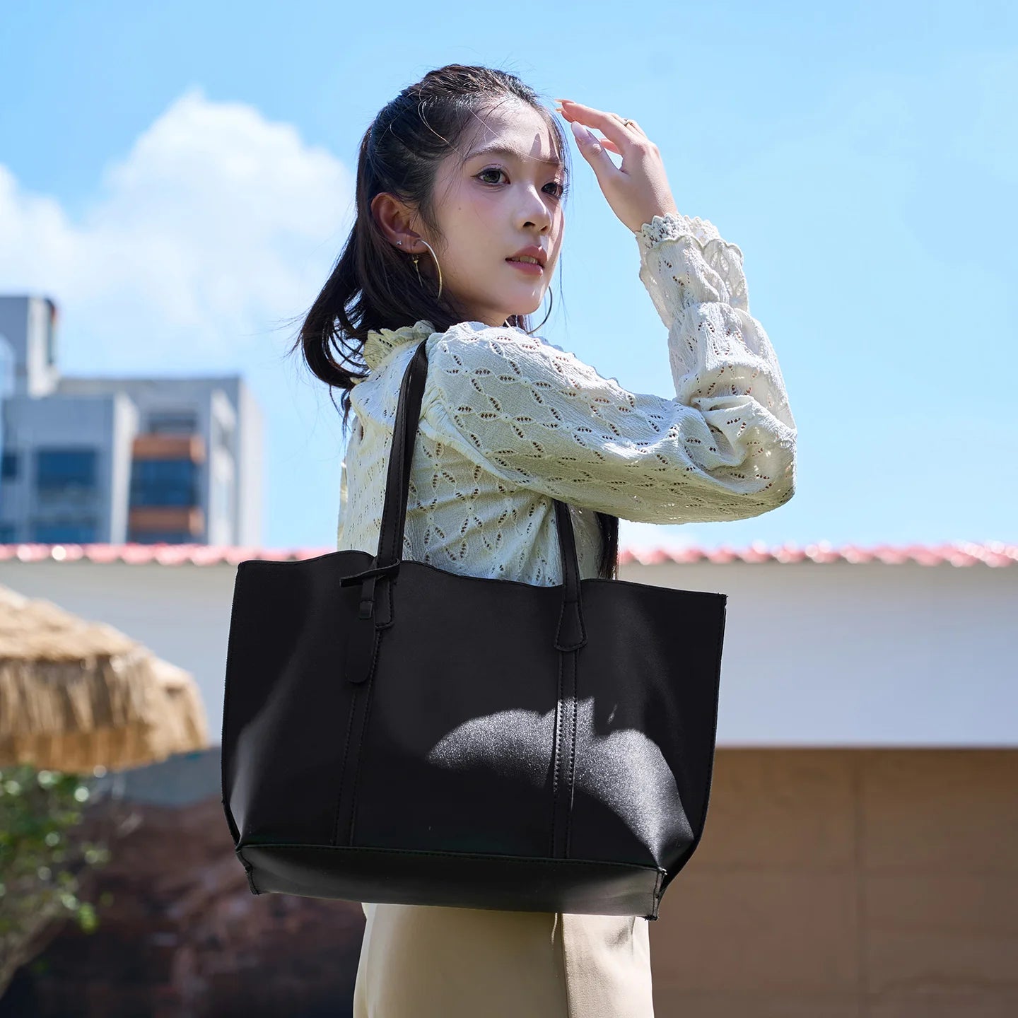 Tote Bag Solid Plain Lightweight Large Capacity PU Leather Shoulder Handbag Portable Travel Daily Women-5