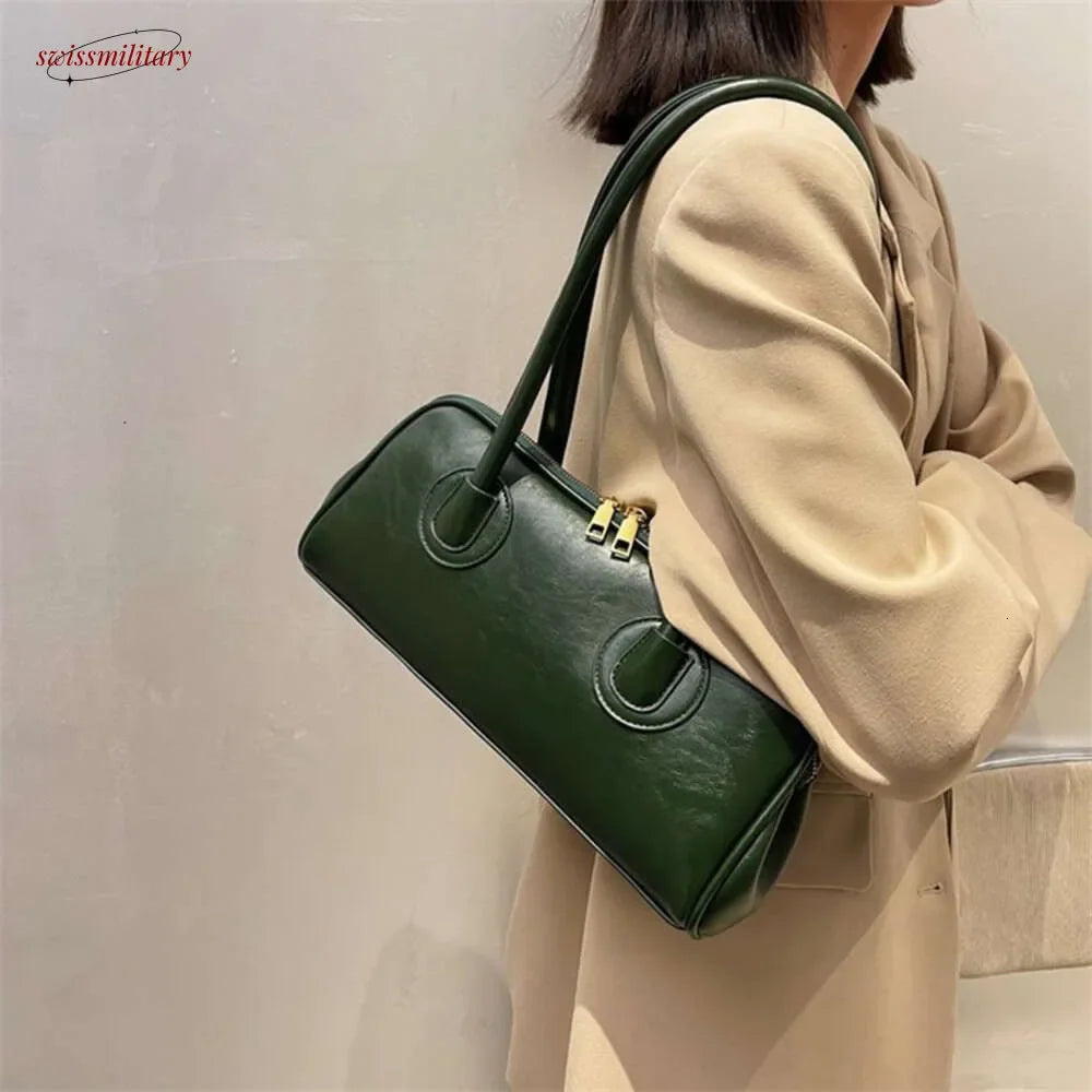2025 New Boston Pillow Tote Women Real Leather Retro Bowling Bag Designer Handbag Large Capacity Crossbody Bags #54-18