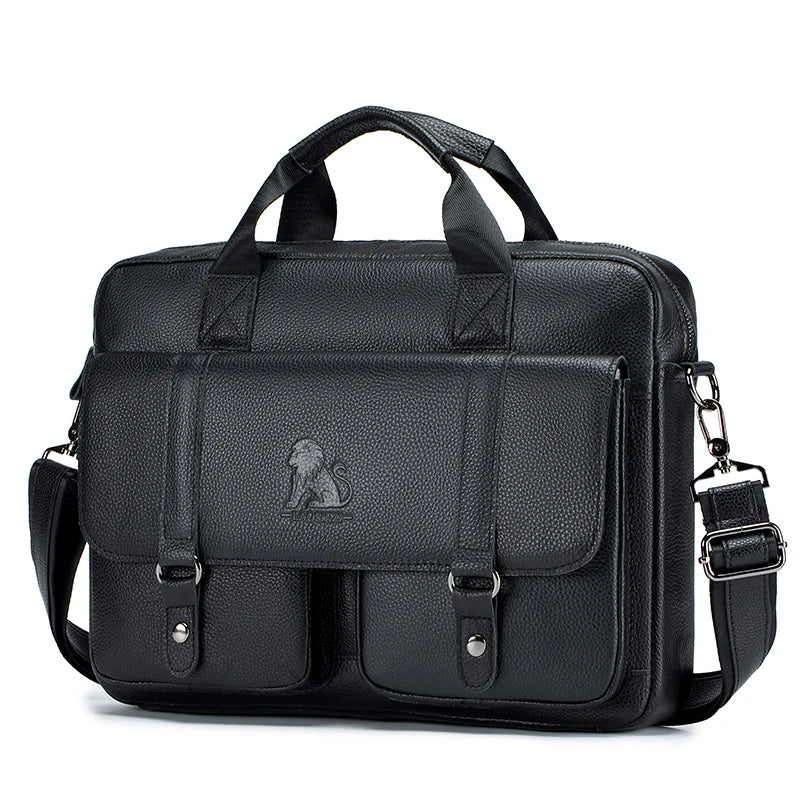 Genuine Leather Men Briefcase Double Front Pockets Large Capacity Laptop Bag Diagonal Cross Shoulder Handbag-22