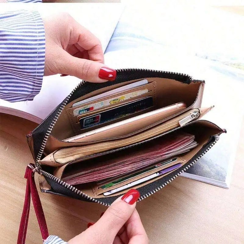 Women Vintage Oil Wax Leather Zipper Clutch Wristlet Wallet Large Capacity Card Holder-3