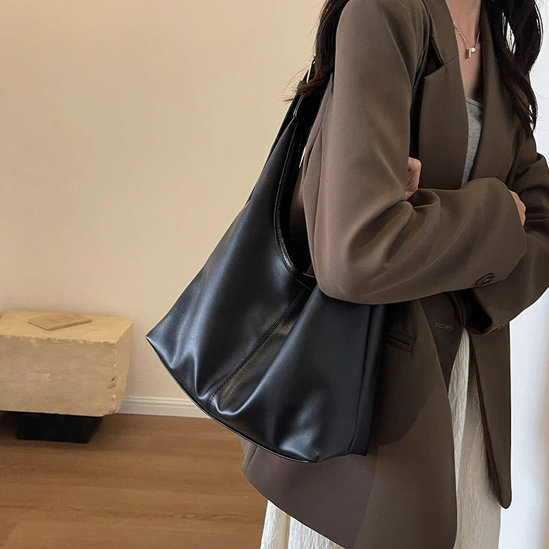 Women Hobo Bag Simple PU Leather Solid Shoulder Bag Fashion Large Capacity Tote Handbag Slouchy Underarm Bag-15