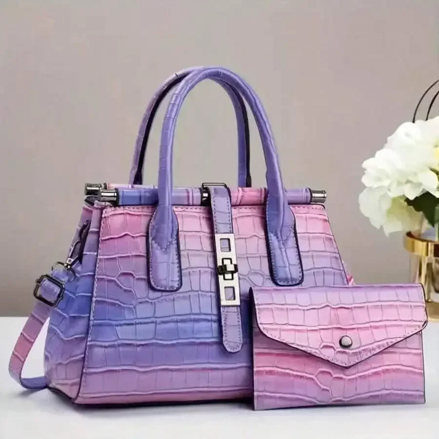 Gradient Purple Pink Crocodile Pattern Women Handbag With Flap Wallet Set-1