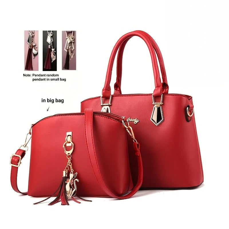2Pcs Women Handbag Set Elegant Black PU Leather Large Capacity Tote Handbag Designer Small Crossbody Messenger Bag Ladies Wedding Party Shoulder Bags Gift For Women-10
