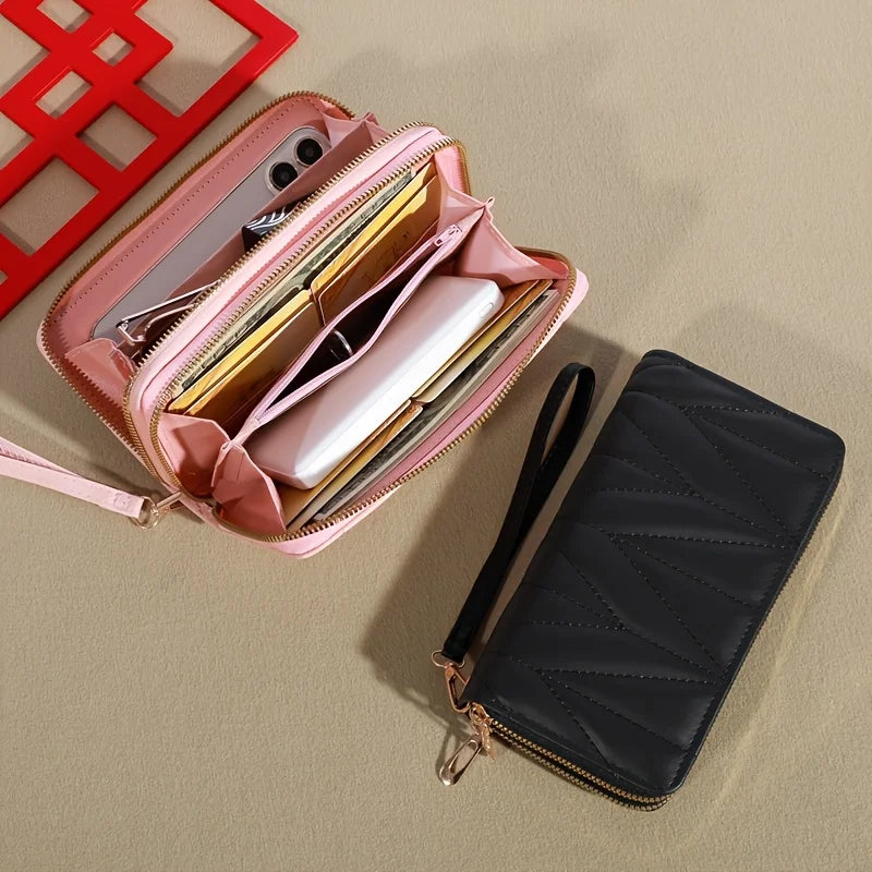 Classic Ladies Double Zip Long Wallet, Casual Style, Faux Leather, Card Holder and Change Bag, Nylon Lined, Zip Pocket-5