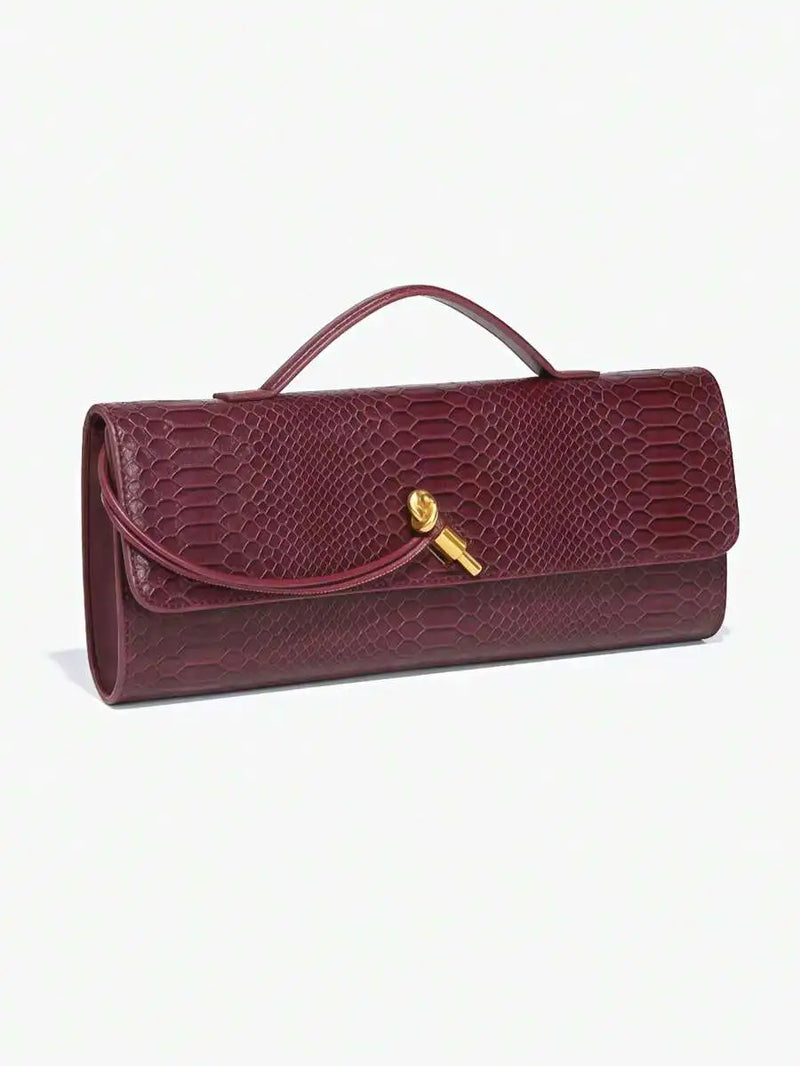 Elegant Top Handle Clutch Bag With Serpentine Pattern And Gold Tone Hardware-6