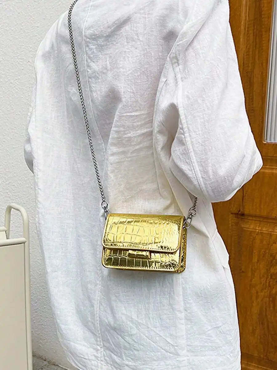 Mini Square Croc-Embossed PU Leather Crossbody Bag With Metal Chain Strap Flap Closure For Women-4