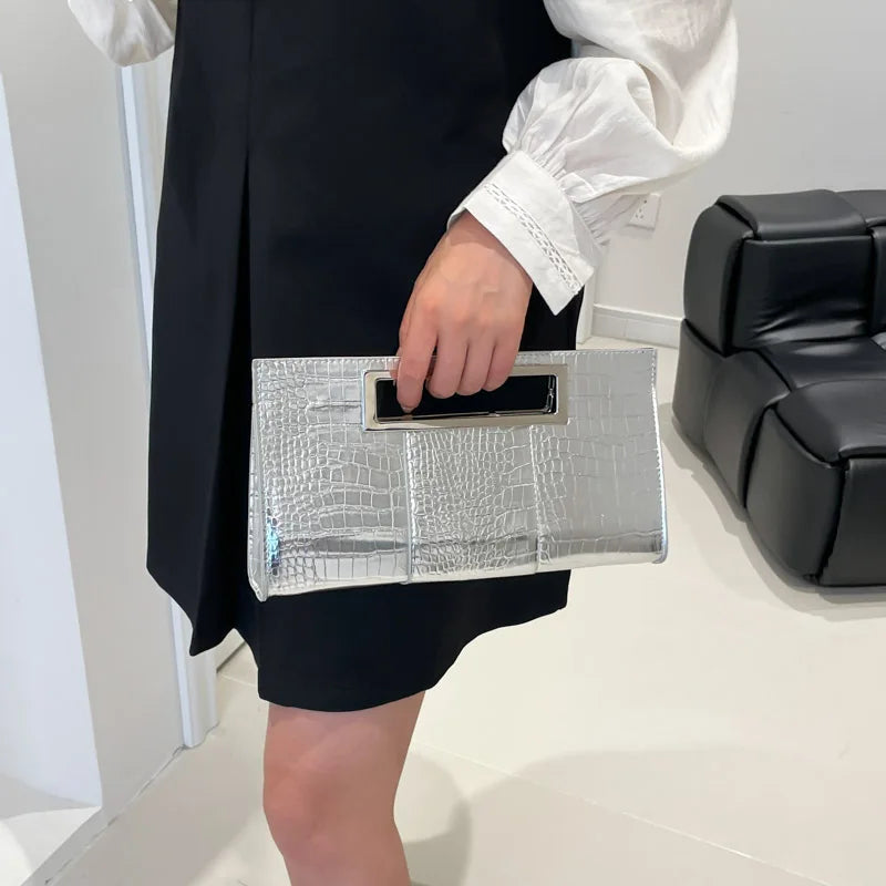 Women Crocodile Leather Medium Clutch Purse Gold Handle Zip Metal Handle Clutch Tote Purse Handbag Trendy Purse for A Chic Look-7