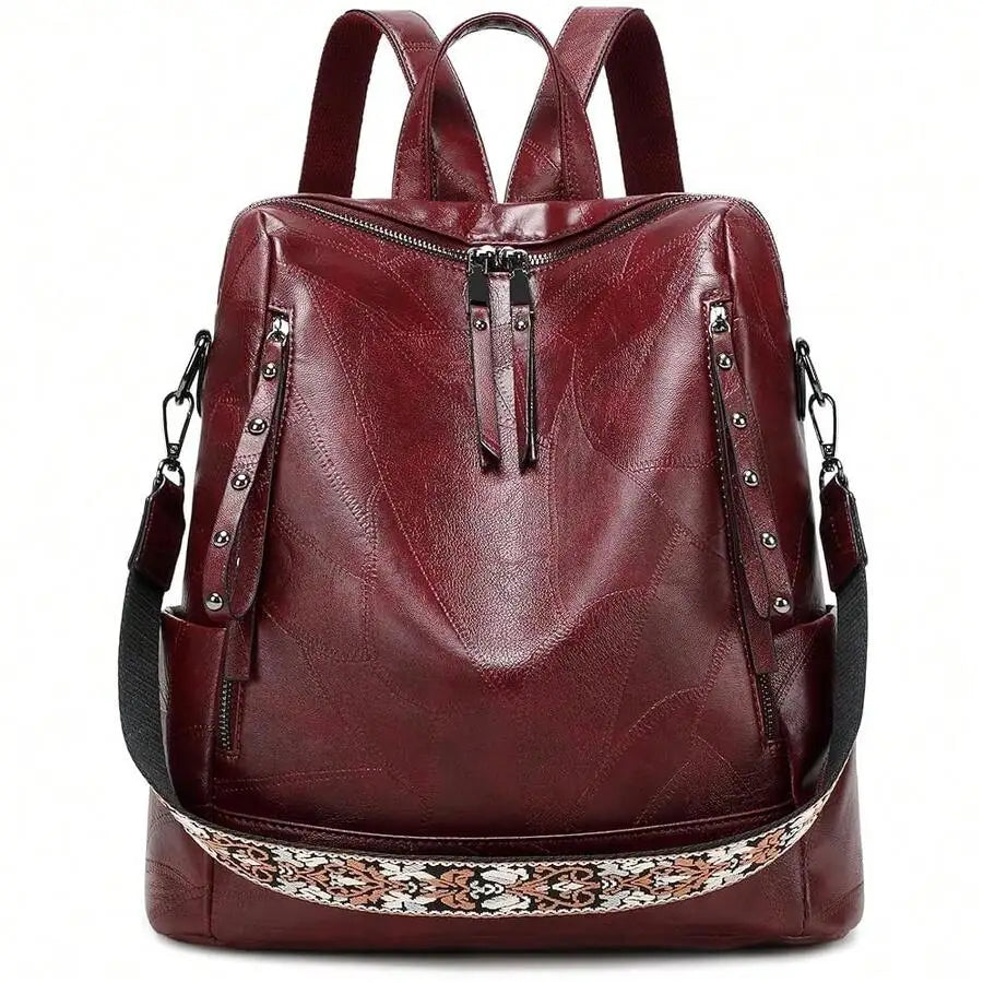 Vegan Leather Backpack For Women With Rivet Decoration And Floral Pattern-5